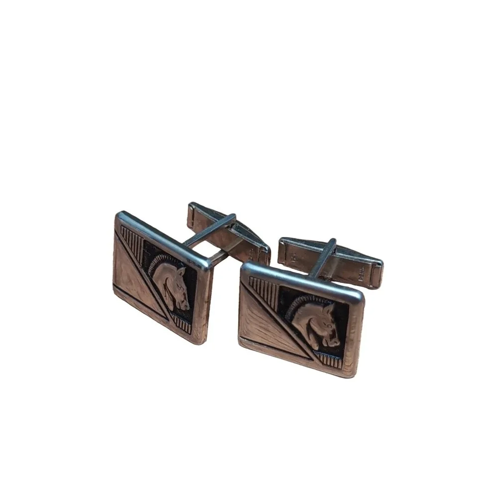 Swank Horse Head Design Cufflinks Men's Black Silver Square Vintage 7/8 in